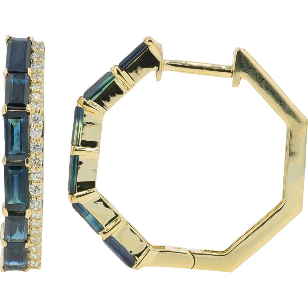 14K Yellow Gold Sapphire and Diamond Hoop Earrings - 2.20 Carat Total Sapphire Weight, 0.25 Carat Total Diamond Weight