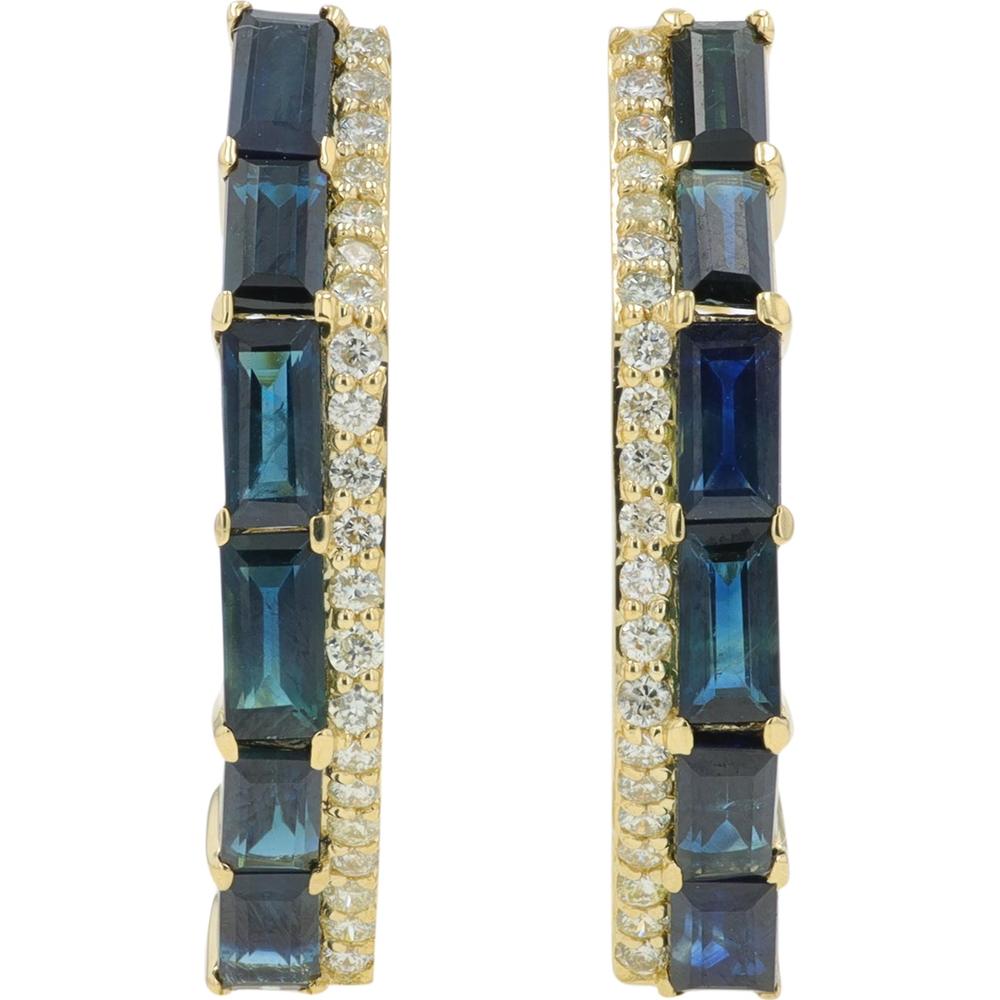 14K Yellow Gold Sapphire and Diamond Hoop Earrings - 2.20 Carat Total Sapphire Weight, 0.25 Carat Total Diamond Weight