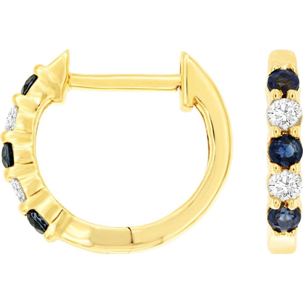 14K Yellow Gold Sapphire and Diamond Huggie Hoop Earrings with Round Blue Sapphires and Round Diamond Accents - 0.15 Carat Total Sapphire Weight and 0.10 Carat Total Diamond Weight - Royal Jewelry