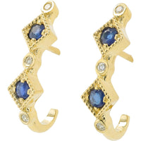 14K Yellow Gold Sapphire and Diamond J-Hoop Earrings - 0.42 Carat Total Sapphire Weight, 0.07 Carat Diamond Accents