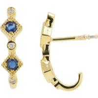 14K Yellow Gold Sapphire and Diamond J-Hoop Earrings - 0.42 Carat Total Sapphire Weight, 0.07 Carat Diamond Accents