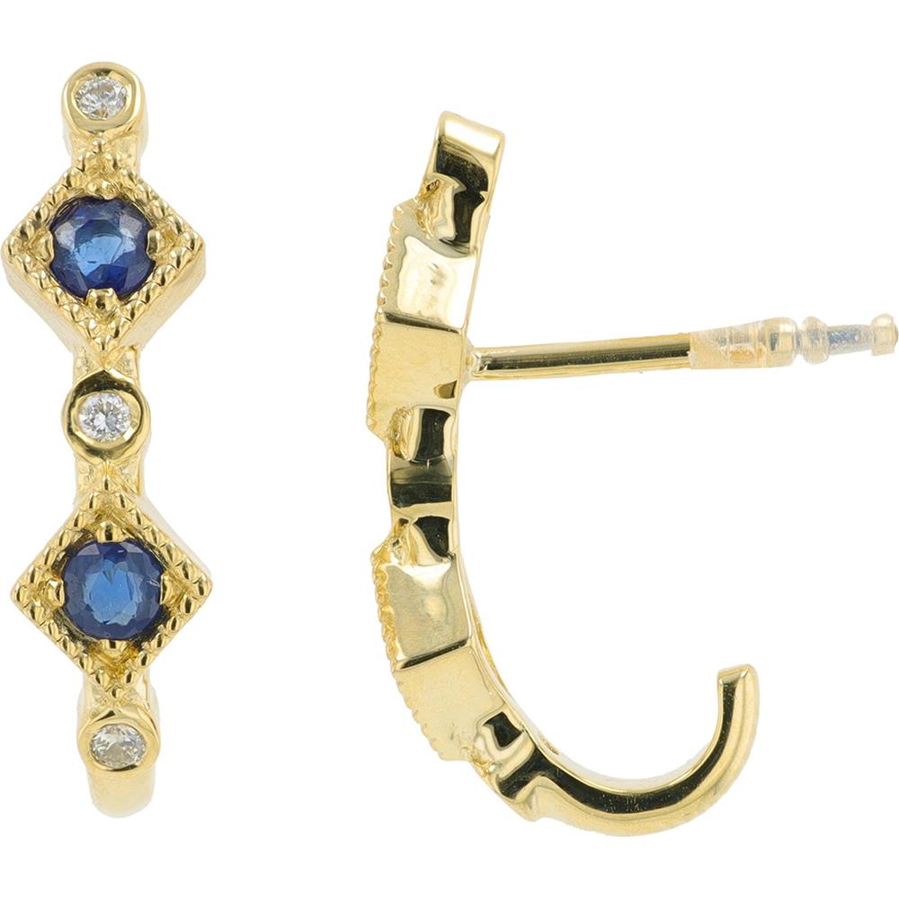 14K Yellow Gold Sapphire and Diamond J-Hoop Earrings - 0.42 Carat Total Sapphire Weight, 0.07 Carat Diamond Accents