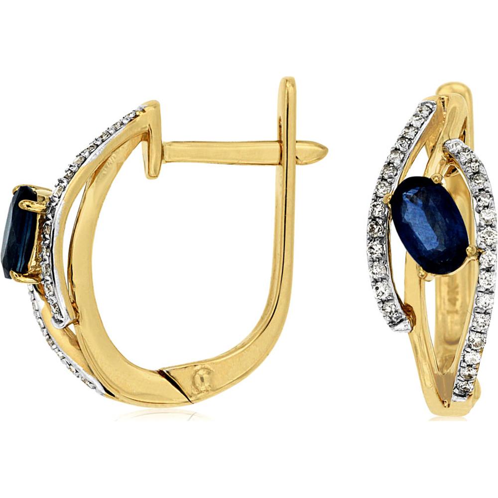 14K Yellow Gold Sapphire & Diamond Oval Huggie Earrings - 0.60 Carats Total Sapphire Weight, 0.16 Carats Total Diamond Weight