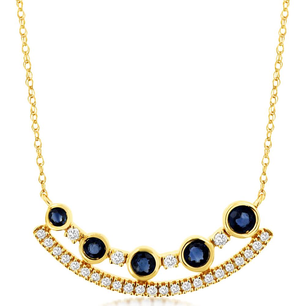 14K Yellow Gold Sapphire and Diamond Pendant Necklace - 0.57 Carats Total Sapphire Weight, 0.16 Carats Total Diamond Weight
