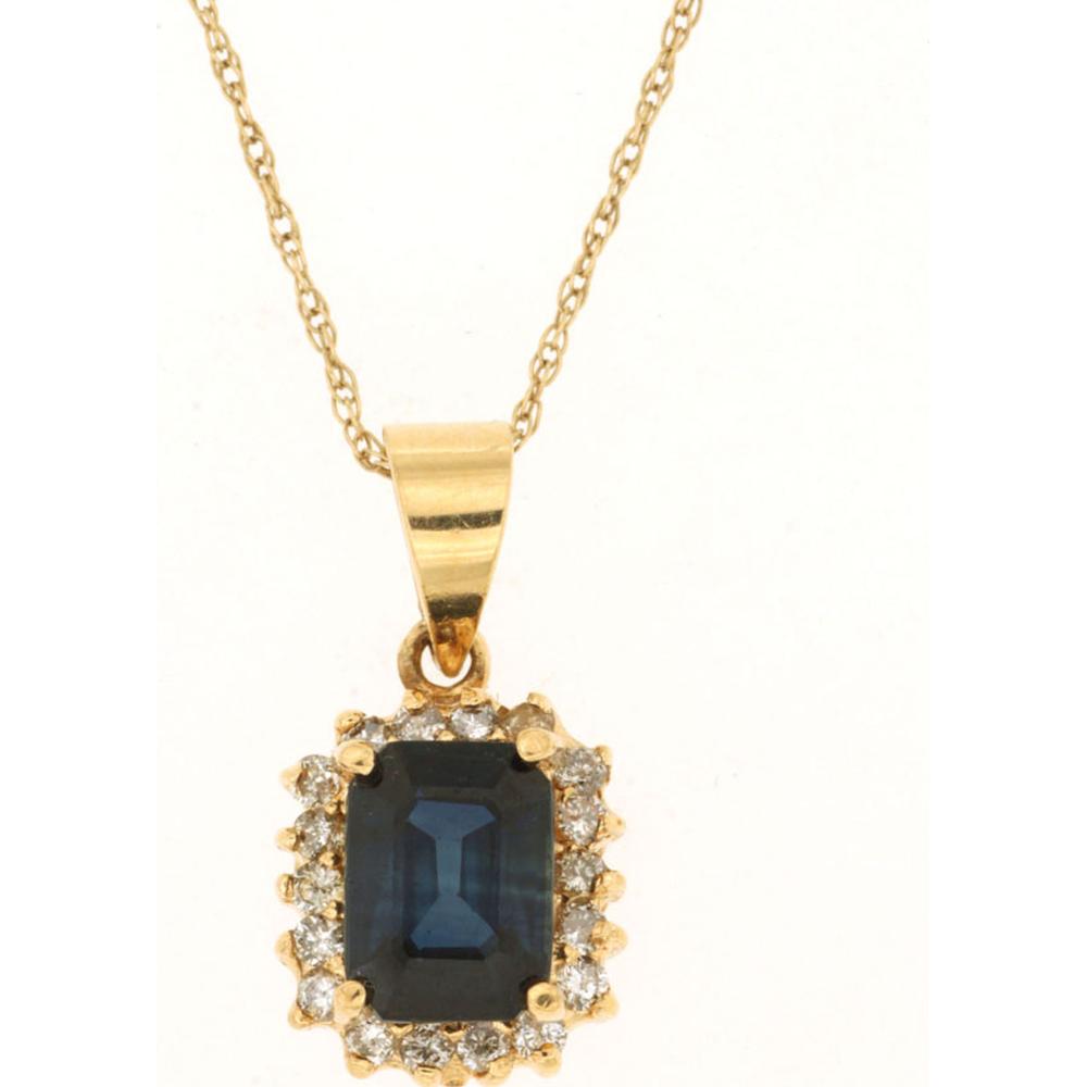 14K Yellow Gold Sapphire & Diamond Pendant with 1.20 Carats Emerald Cut Sapphire and Round Diamonds