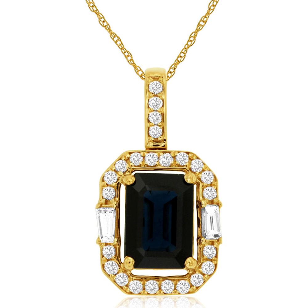 14K Yellow Gold Sapphire & Diamond Pendant with Emerald Cut Sapphire - 1.85 Carats Sapphire, 0.27 Carats Total Diamond Weight