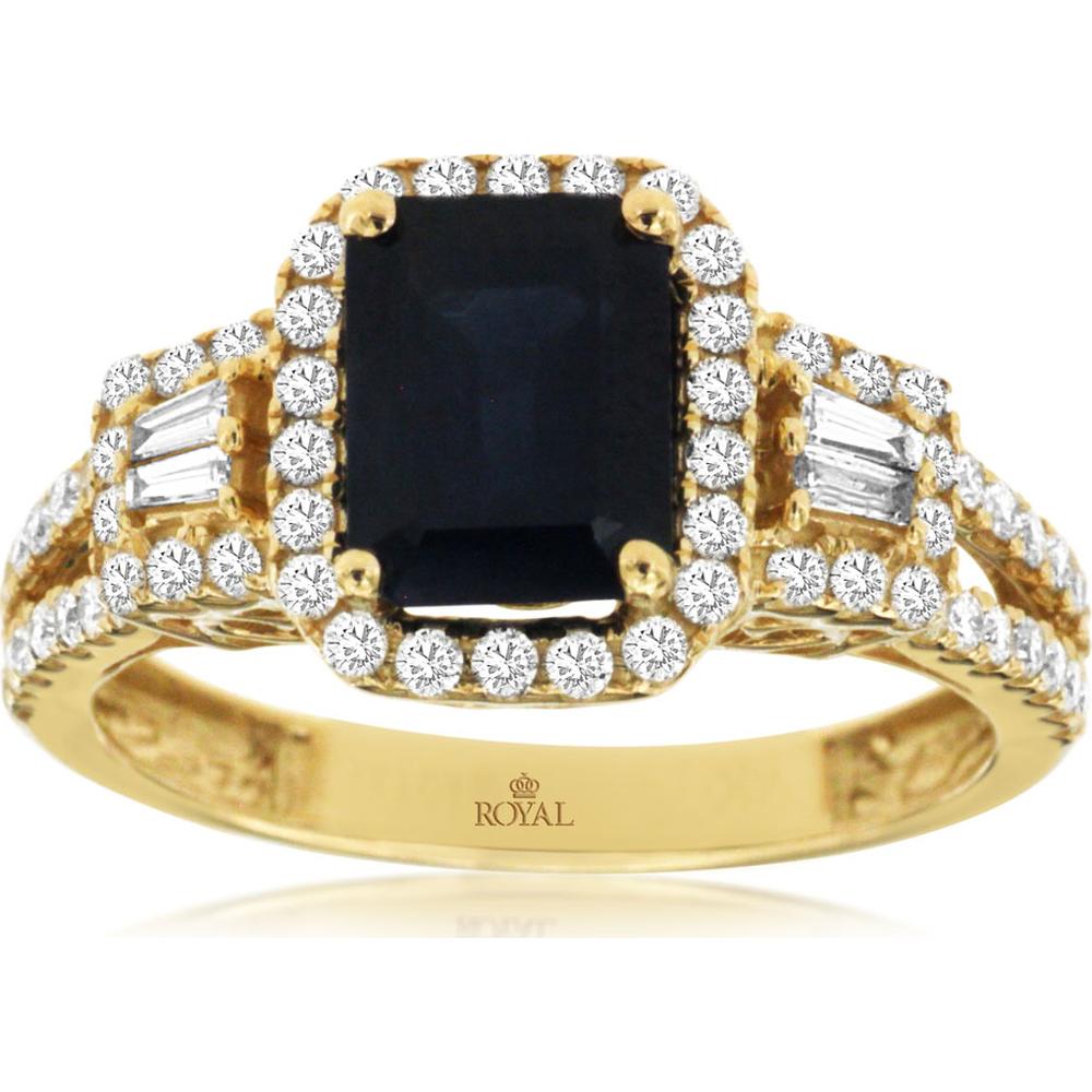 14K Yellow Gold Sapphire & Diamond Ring with Baguette & Round Diamonds - 2.43 Carats Total Weight