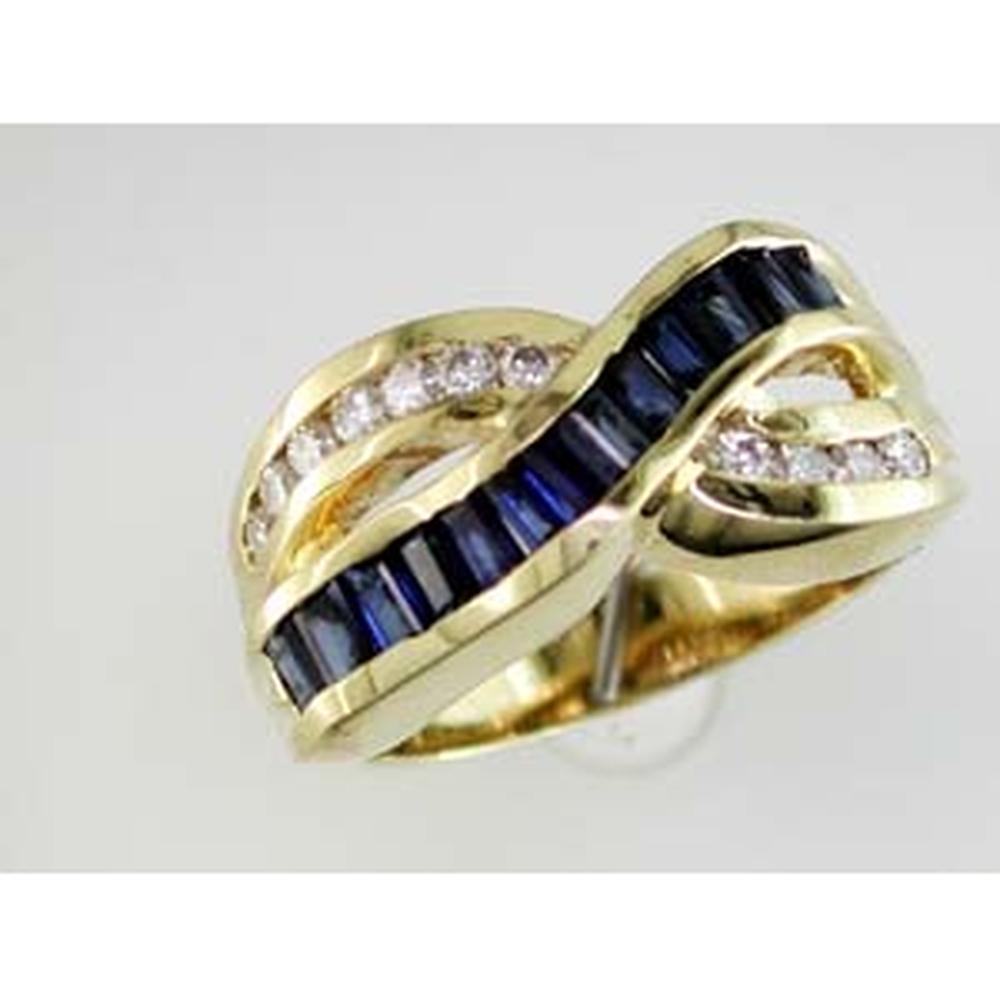14K Yellow Gold Sapphire and Diamond Ring with Baguette Sapphires and Round Diamonds - 1.46 Carats Total Gemstone Weight