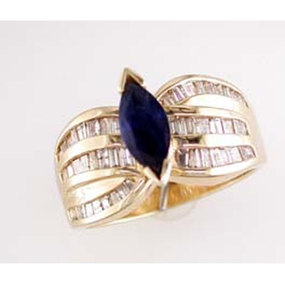 14K Yellow Gold Sapphire & Diamond Ring with Marquise Sapphire and Baguette Diamonds - 1.90 Carats Total Gem Weight