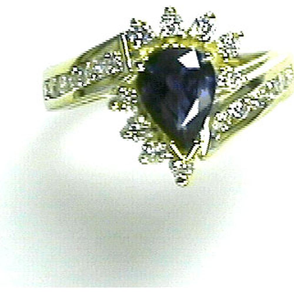 14K Yellow Gold Sapphire & Diamond Ring with Pear-Shaped Sapphire and Round Diamonds - 1.25 Carats Sapphire, 0.65 Carats Total Diamond Weight