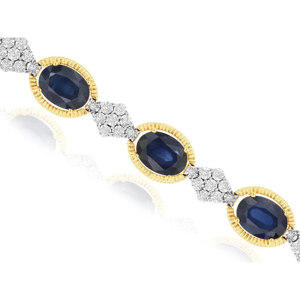 14K Yellow Gold Sapphire and Diamond Station Bracelet with Oval Sapphires and Diamond Clusters - 11 Carat Total Sapphire Weight and 0.33 Carat Total Diamond Weight - Royal Jewelry