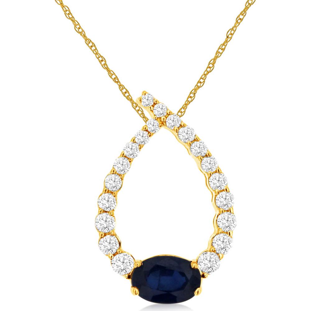 14K Yellow Gold Sapphire and Diamond Teardrop Pendant Necklace with Oval Sapphire - 0.65 Carat Sapphire Weight and 0.33 Carat Total Diamond Weight - Royal Jewelry