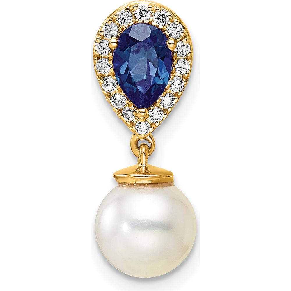 14K Yellow Gold Sapphire and Diamond Teardrop Pendant with Freshwater Pearl - 0.085 Carat Total Diamond Weight, 0.9 Carat Sapphire by Oro Pregiato