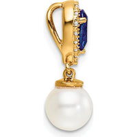 14K Yellow Gold Sapphire and Diamond Teardrop Pendant with Freshwater Pearl - 0.085 Carat Total Diamond Weight, 0.9 Carat Sapphire by Oro Pregiato