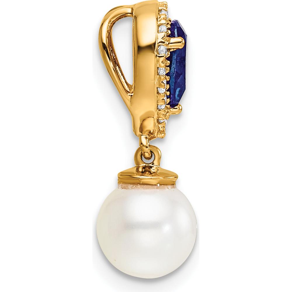 14K Yellow Gold Sapphire and Diamond Teardrop Pendant with Freshwater Pearl - 0.085 Carat Total Diamond Weight, 0.9 Carat Sapphire by Oro Pregiato