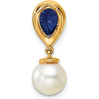 14K Yellow Gold Sapphire and Diamond Teardrop Pendant with Freshwater Pearl - 0.085 Carat Total Diamond Weight, 0.9 Carat Sapphire by Oro Pregiato