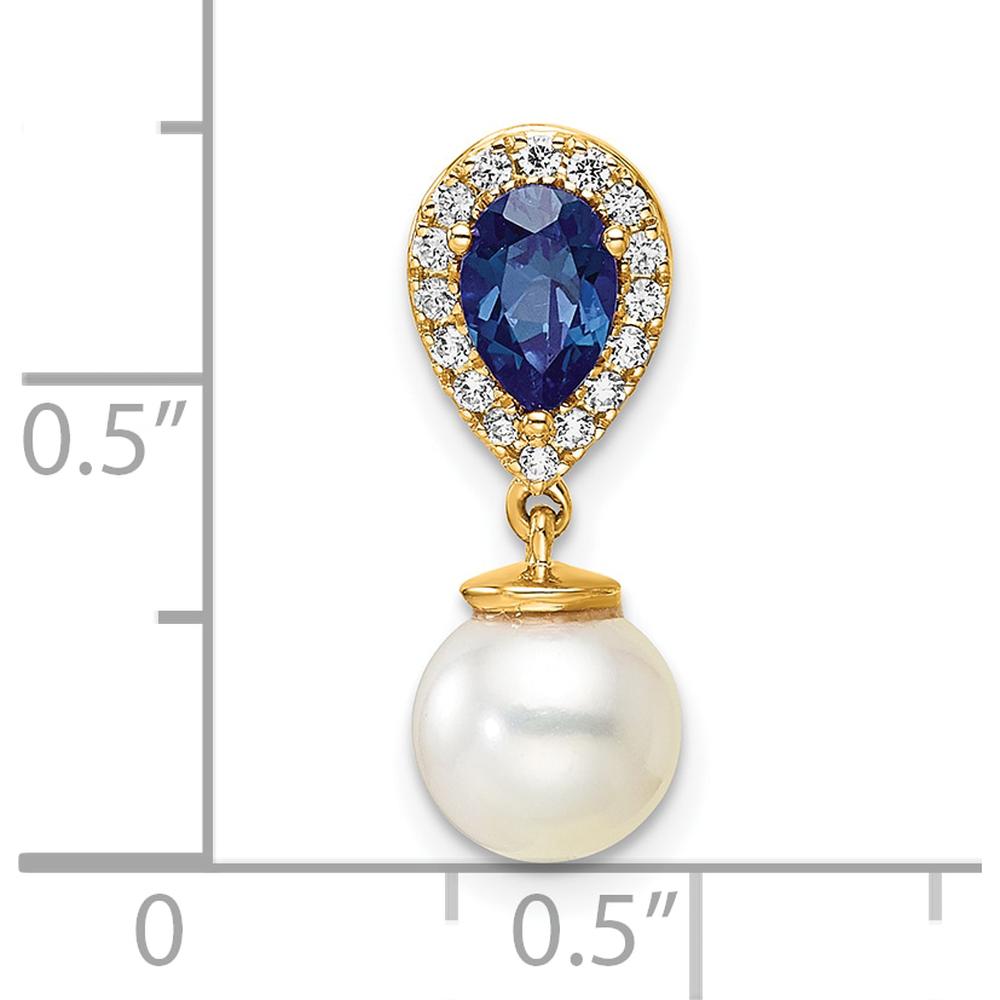 14K Yellow Gold Sapphire and Diamond Teardrop Pendant with Freshwater Pearl - 0.085 Carat Total Diamond Weight, 0.9 Carat Sapphire by Oro Pregiato