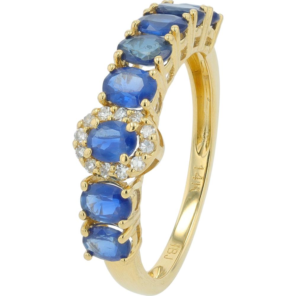 14K Yellow Gold Sapphire Band with Halo Diamond Center - 0.07 Carat Total Diamond Weight