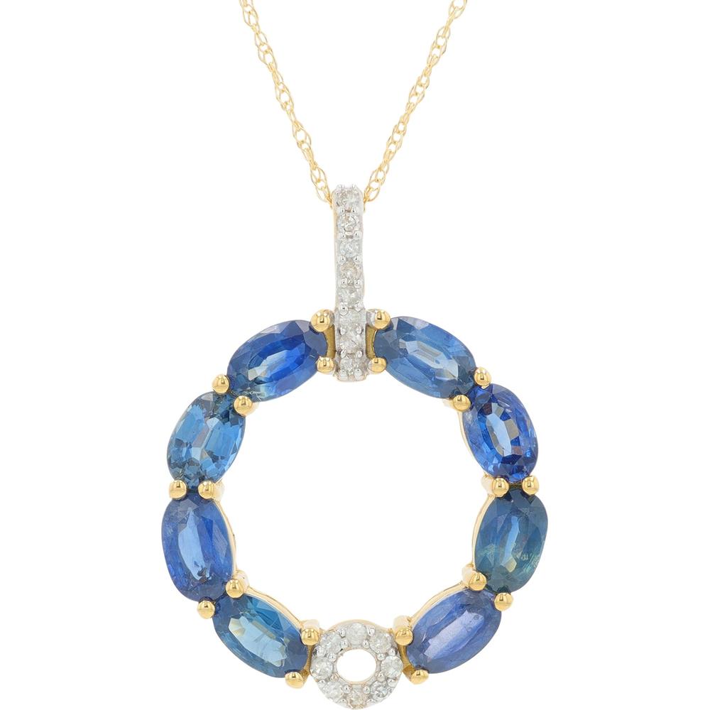 14K Yellow Gold Sapphire Circle Pendant with Diamond Accent - 2.56 Carat Total Sapphire Weight, 0.10 Carat Total Diamond Weight