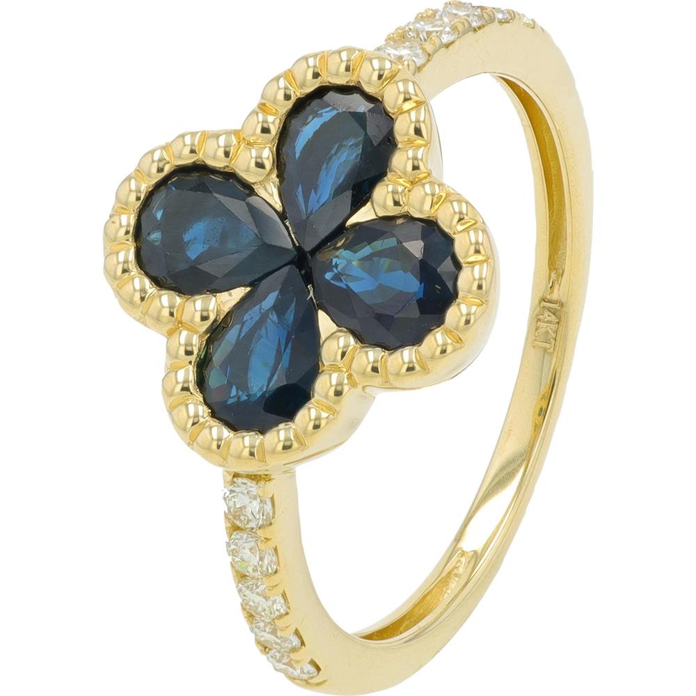 14K Yellow Gold Sapphire Clover Ring with Diamond Accents - 1.50 Carat Sapphire, 0.17 Carat Total Diamond Weight