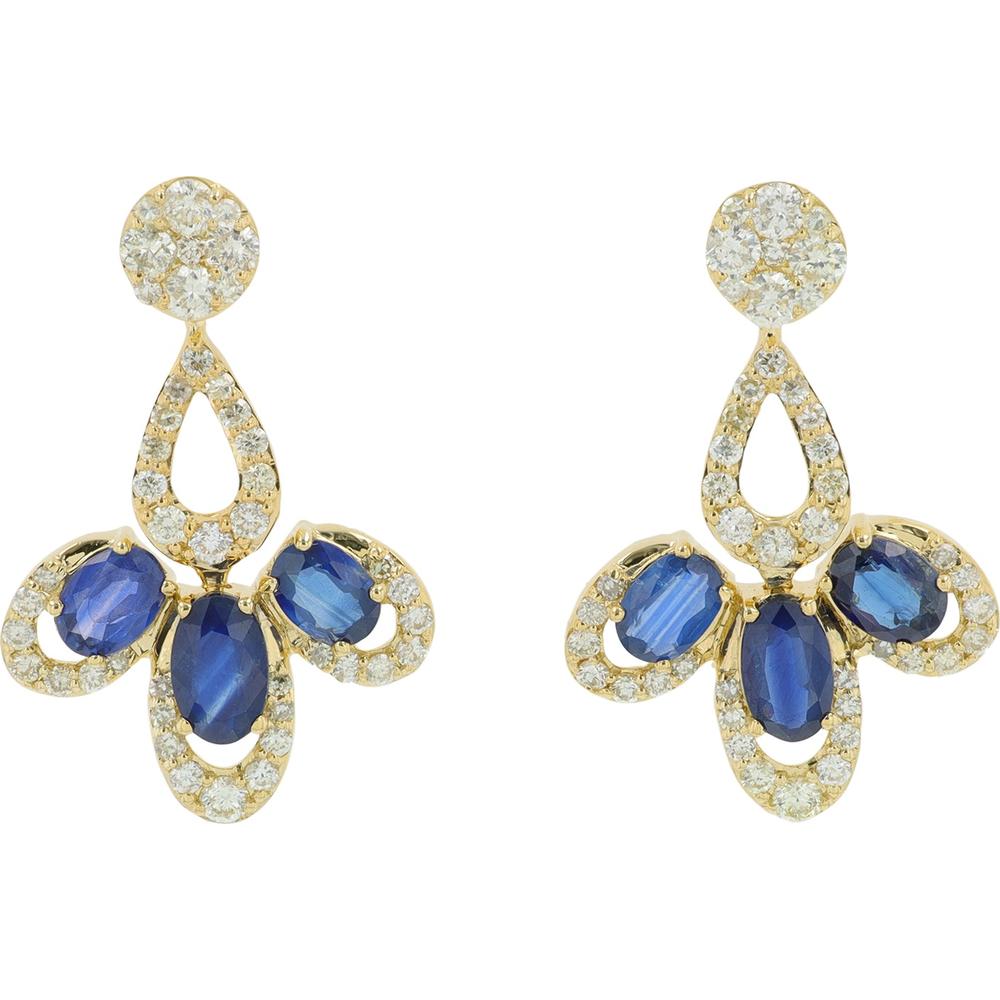 14K Yellow Gold Sapphire Earrings with Diamond Halo - 1.32 Carat Total Sapphire Weight, 0.67 Carat Total Diamond Weight