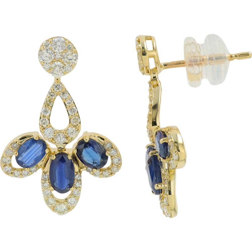 14K Yellow Gold Sapphire Earrings with Diamond Halo - 1.32 Carat Total Sapphire Weight, 0.67 Carat Total Diamond Weight