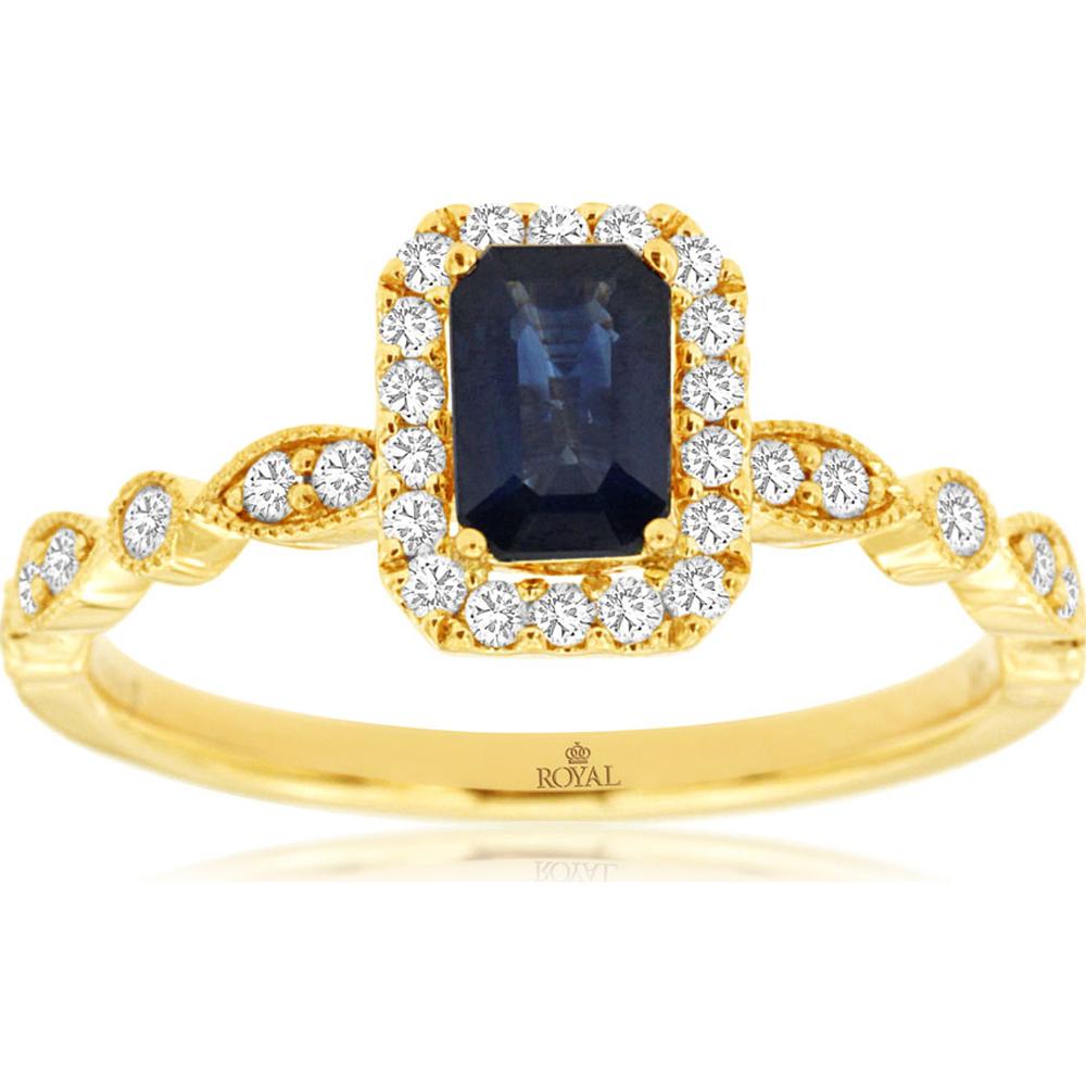 14K Yellow Gold Sapphire Halo Ring with Emerald-Cut Blue Sapphire and Round Diamond Accents - 0.70 Carat Sapphire and 0.26 Carat Total Diamond Weight - Royal Jewelry