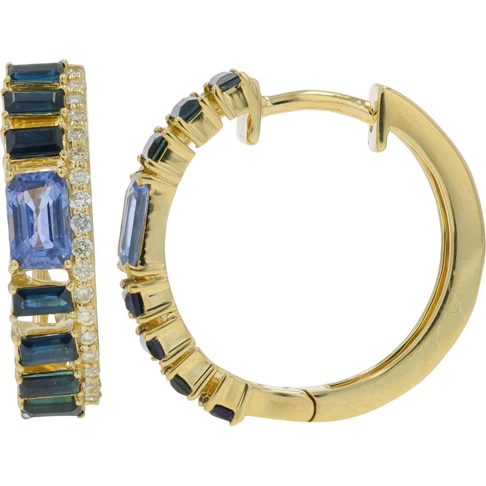 14K Yellow Gold Sapphire Hoop Earrings with 1.70 Carat Total Blue Sapphires and 0.20 Carat Total Diamond Accents