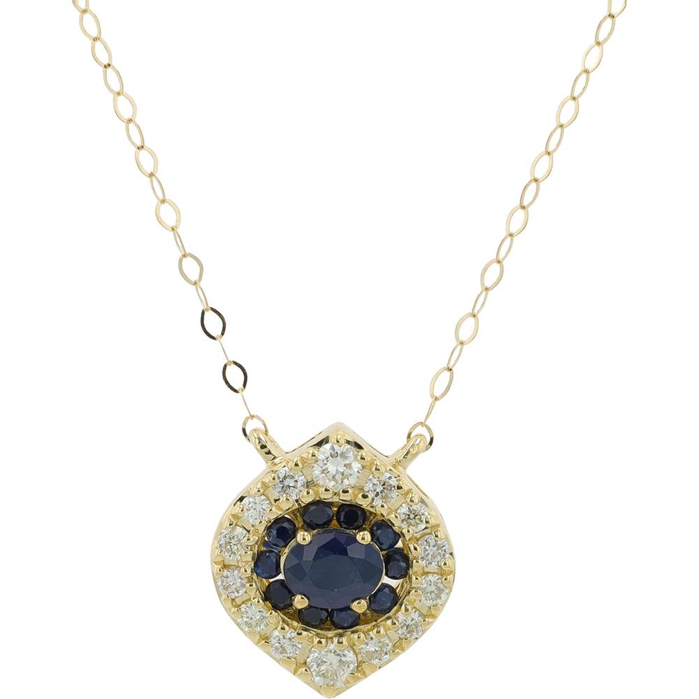 14K Yellow Gold Sapphire Necklace with Diamond Halo - 0.35 Carat Sapphire, 0.20 Carat Total Diamond Weight