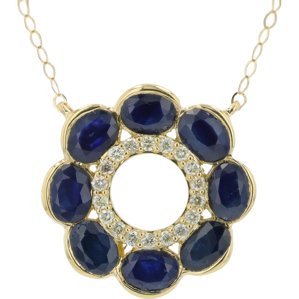 14K Yellow Gold Sapphire Necklace with Diamond Halo - 1.65 Carat Total Sapphire Weight, 0.10 Carat Total Diamond Weight