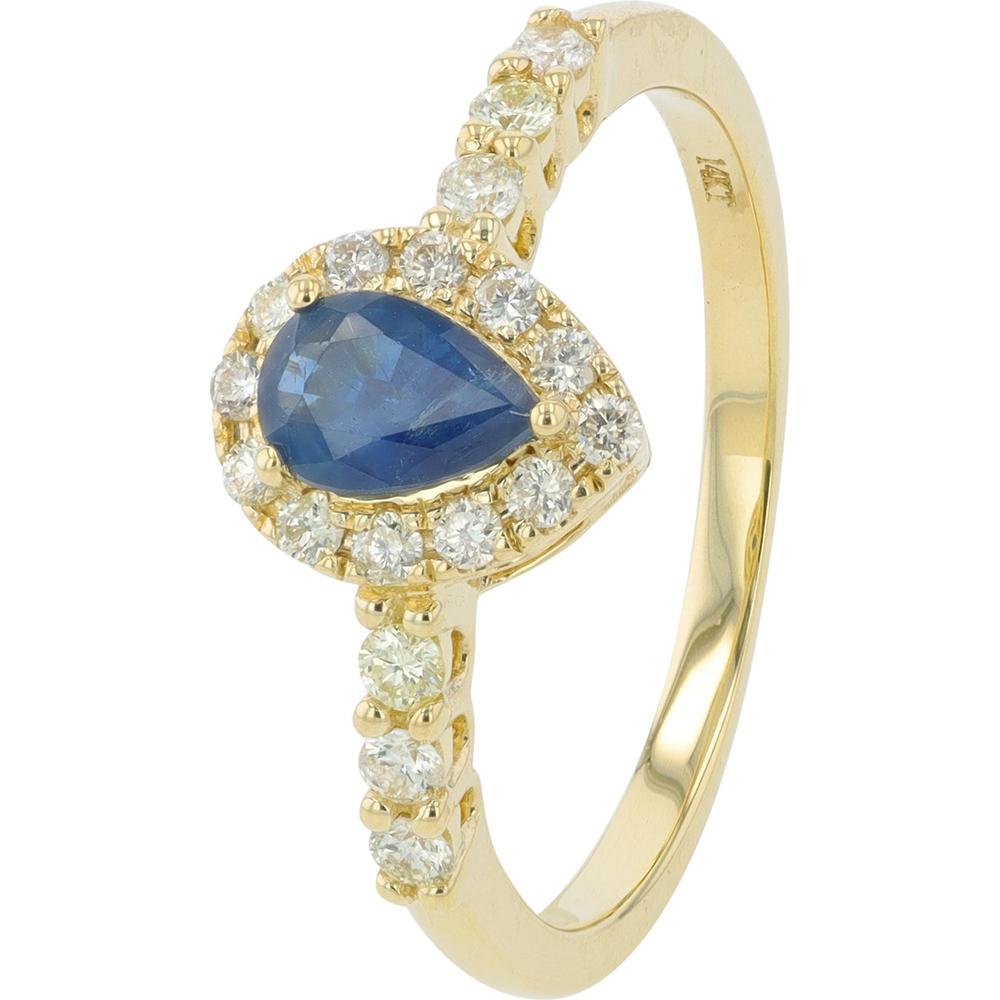 14K Yellow Gold Sapphire Pear Ring with Diamond Halo - 0.39 Carat Total Sapphire Weight, 0.26 Carat Total Diamond Weight