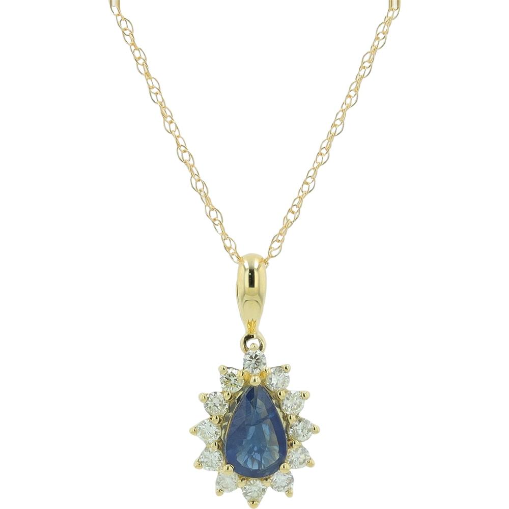 14K Yellow Gold Sapphire Pendant with 0.50 Carat Pear - Shaped Center Stone and 0.17 Carat Diamond Halo