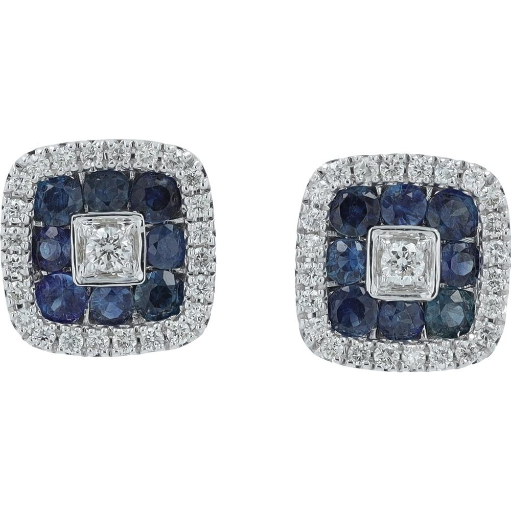 14K Yellow Gold Sapphire Square Stud Earrings with Diamond Halo - 0.65 Carat Total Sapphire Weight, 0.33 Carat Total Diamond Weight