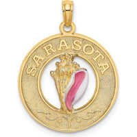14K Yellow Gold Sarasota Circle Pendant with Enamel Conch Shell Charm by Oro Pregiato