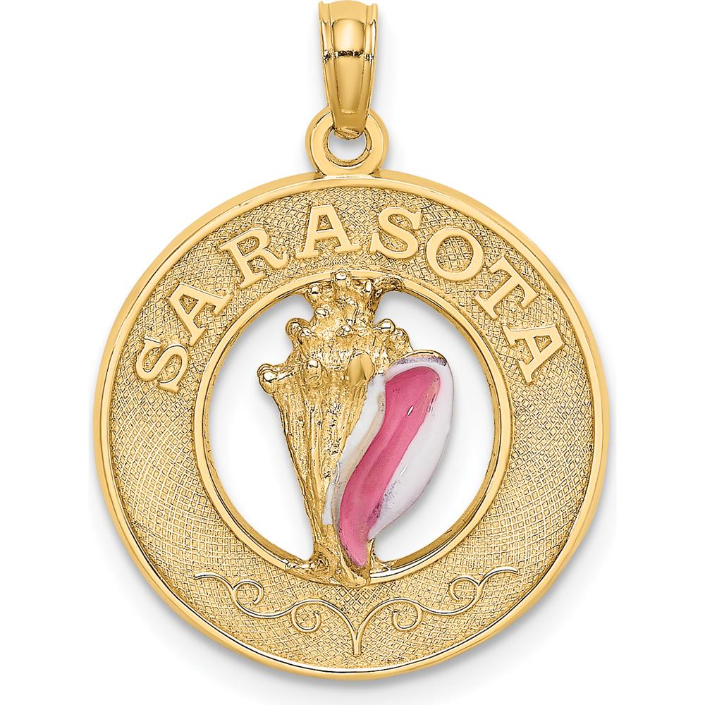 14K Yellow Gold Sarasota Circle Pendant with Enamel Conch Shell Charm by Oro Pregiato