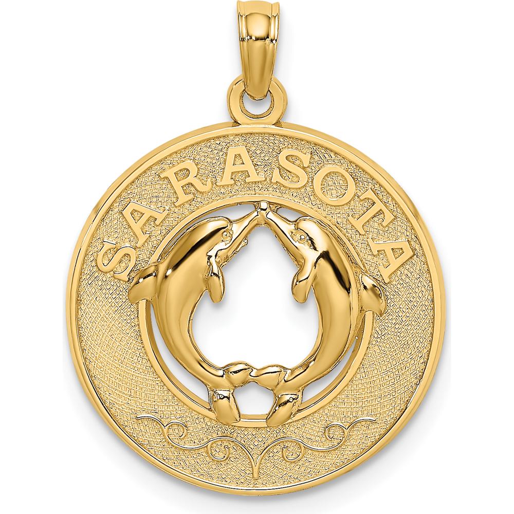 14K Yellow Gold Sarasota Dolphins Circle Pendant - Polished Textured Design by Oro Pregiato