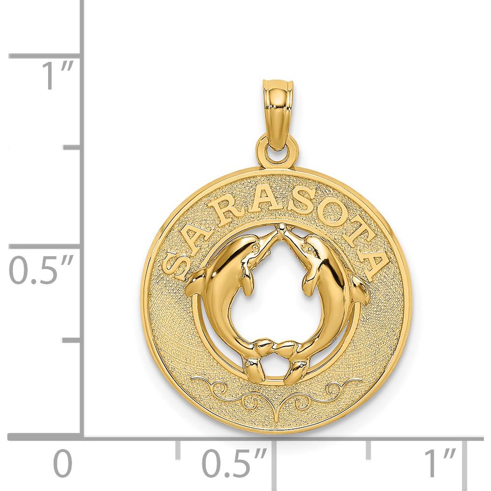 14K Yellow Gold Sarasota Dolphins Circle Pendant - Polished Textured Design by Oro Pregiato