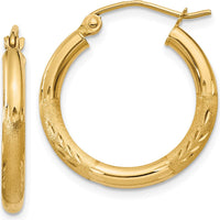14K Yellow Gold Satin and Diamond-cut 2.5mm Round Hoop Earrings - 20mm Length by 0