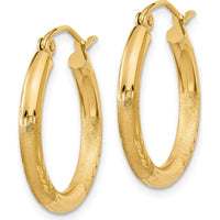 14K Yellow Gold Satin and Diamond-cut 2.5mm Round Hoop Earrings - 20mm Length by 0