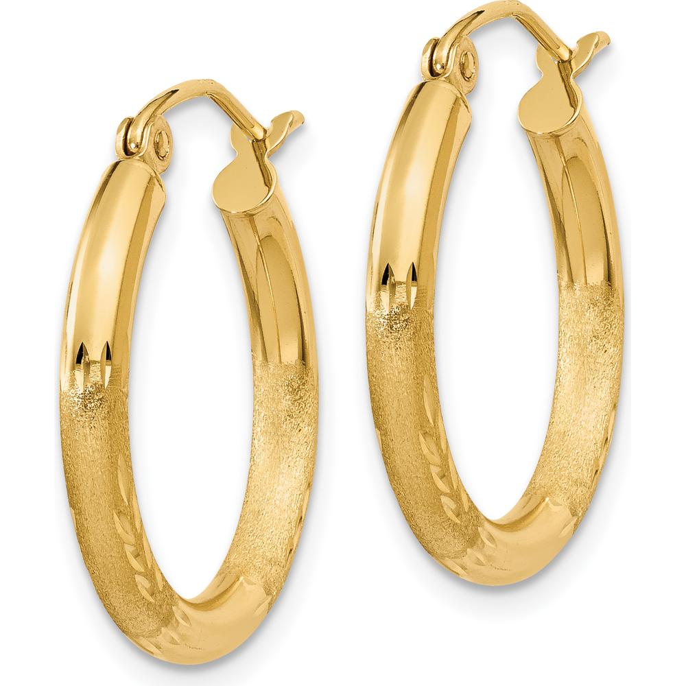 14K Yellow Gold Satin and Diamond-cut 2.5mm Round Hoop Earrings - 20mm Length by 0