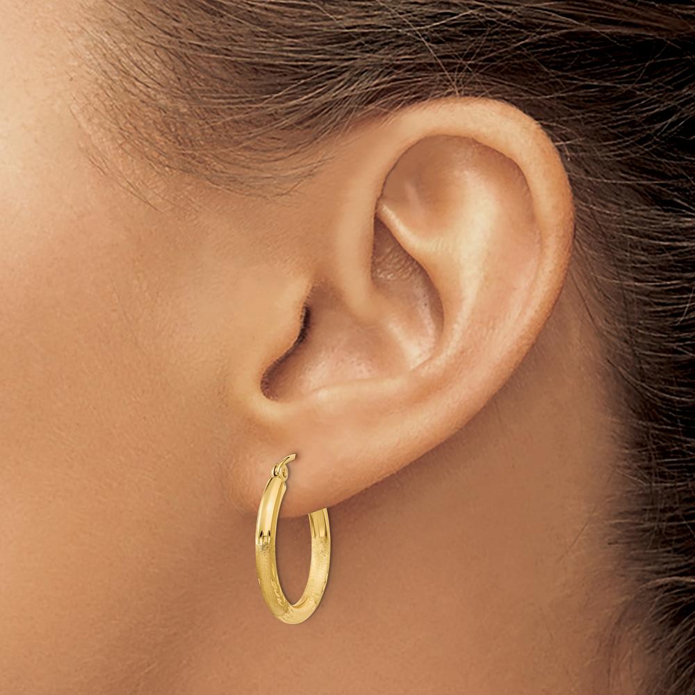 14K Yellow Gold Satin and Diamond-cut 2.5mm Round Hoop Earrings - 20mm Length by 0