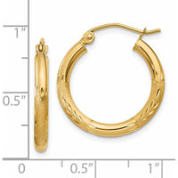 14K Yellow Gold Satin and Diamond-cut 2.5mm Round Hoop Earrings - 20mm Length by 0