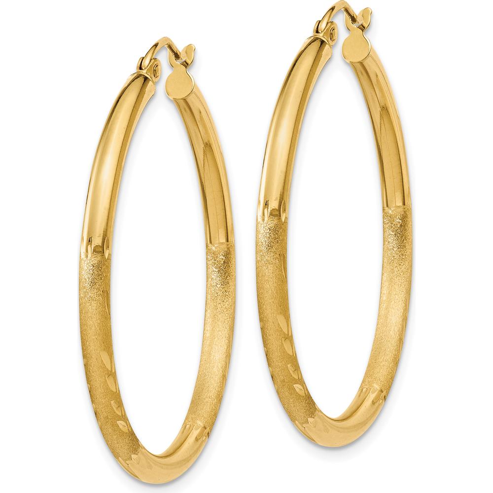 14K Yellow Gold Satin & Diamond-Cut 2.5mm Round Hoop Earrings - 30mm by 0