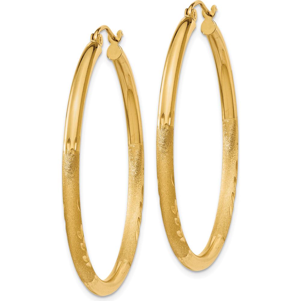 14K Yellow Gold Satin and Diamond-Cut 2.5mm Round Hoop Earrings by 0
