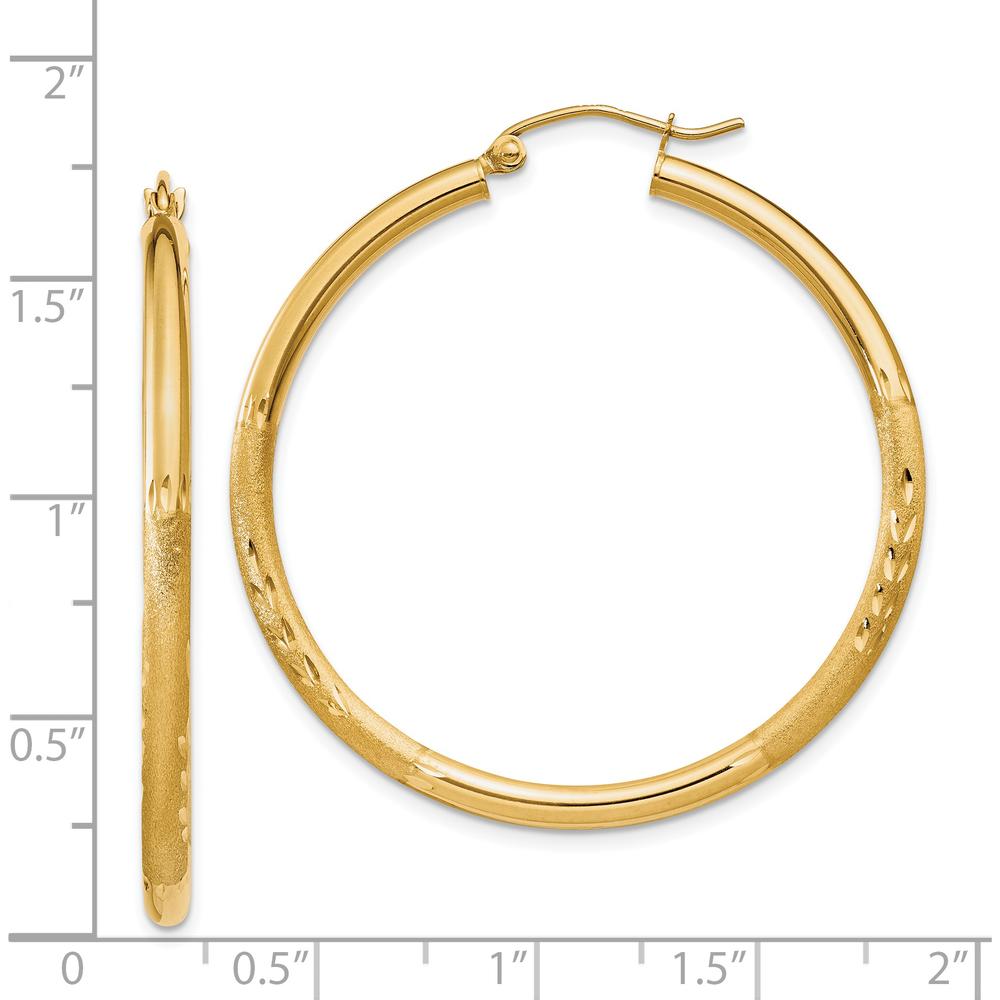 14K Yellow Gold Satin and Diamond-Cut 2.5mm Round Hoop Earrings by 0