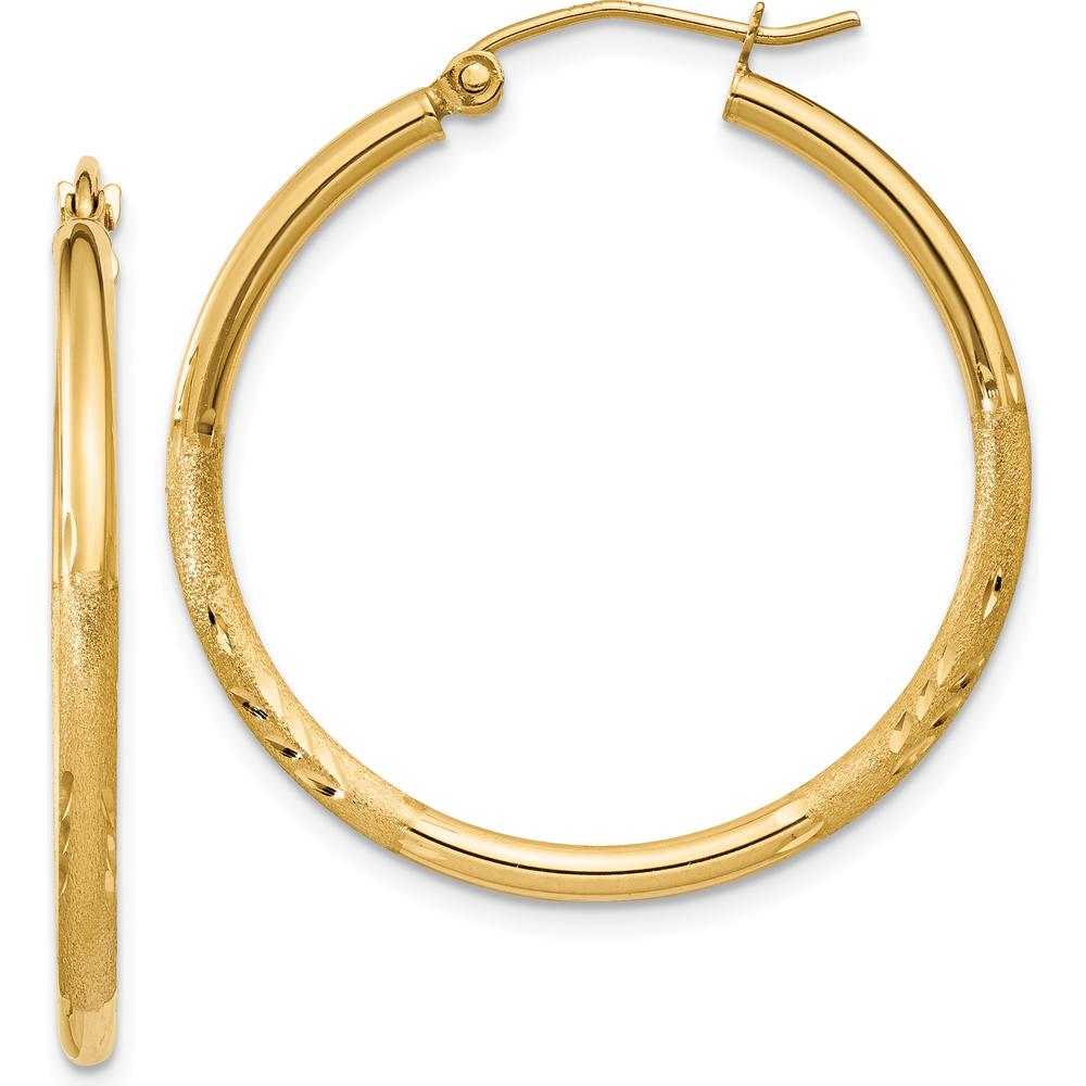 14K Yellow Gold Satin and Diamond-Cut 2mm Round Tube Hoop Earrings - 30mm Length by 0