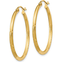 14K Yellow Gold Satin and Diamond-Cut 2mm Round Tube Hoop Earrings - 30mm Length by 0