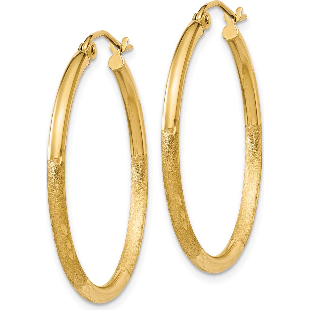 14K Yellow Gold Satin and Diamond-Cut 2mm Round Tube Hoop Earrings - 30mm Length by 0