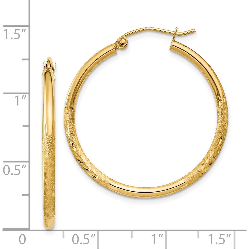 14K Yellow Gold Satin and Diamond-Cut 2mm Round Tube Hoop Earrings - 30mm Length by 0