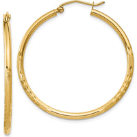 14K Yellow Gold Satin and Diamond-Cut 2mm Round Tube Hoop Earrings - 35mm Length by 0